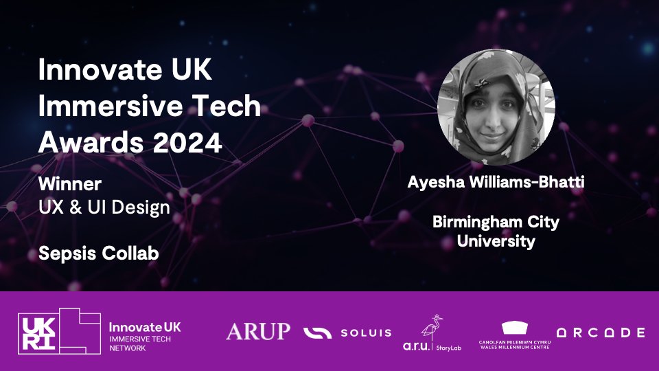 Introducing our UX & UI Design winner! Ayesha Williams-Bhatti (Birmingham City University) and her project Sepsis collab is this year’s #IUKImmersiveTechAwards winner in UX & UI Design.