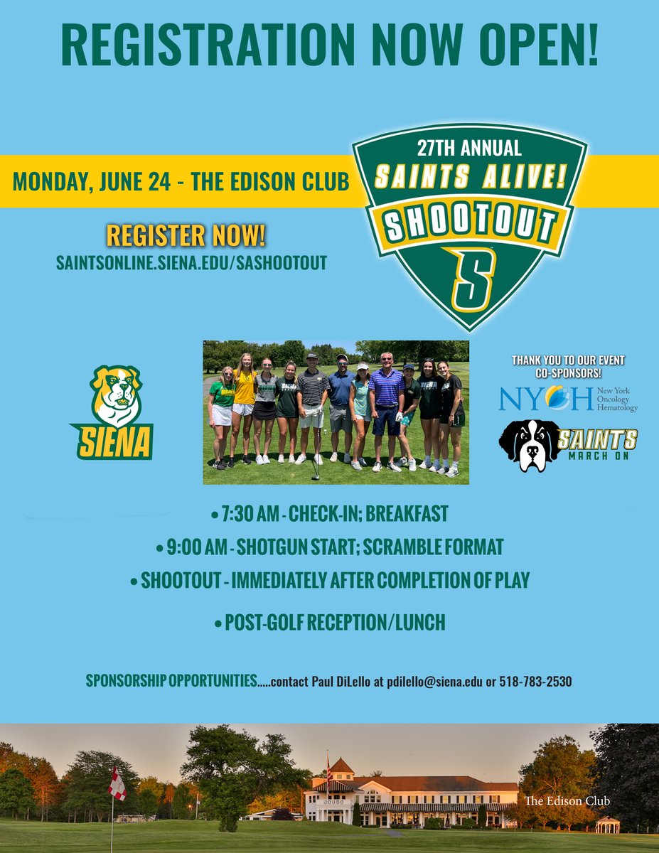 ⛳️ FORE! Join us for our 2⃣7⃣th Annual Saints Alive! Shootout on June 24 at The Edison Club Proceeds directly benefit our more than 3⃣5⃣0⃣ #SienaSaints REGISTER NOW ➡️ t.ly/vYeMR #MarchOn