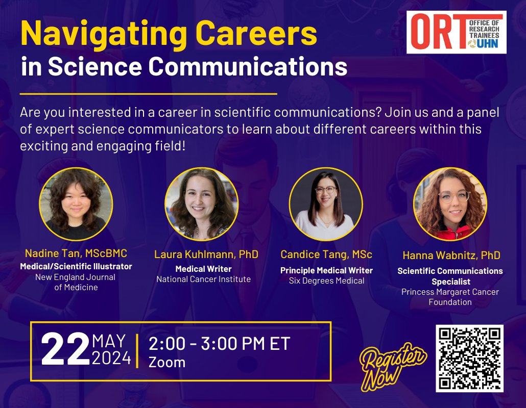 Are you interested in a career in science communications? Join us tomorrow at 2:00 PM to hear from a panel of science communication professionals in the fields of scientific illustration, medical writing, and donor relations! Register now! > uhntrainees.ca/career-develop…