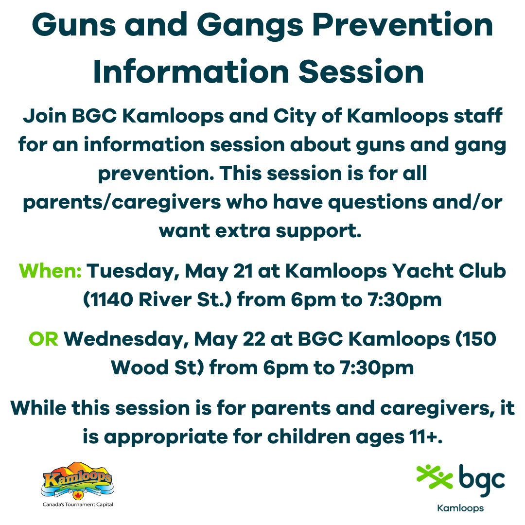 Don't forget we have TWO information sessions for parents and caregivers. Join us and <a href="/cityofkamloops/">City of Kamloops</a>  staff tonight at the Kamloops Yacht Club OR tomorrow, Wednesday, May 22, at the Club (150 Wood St).