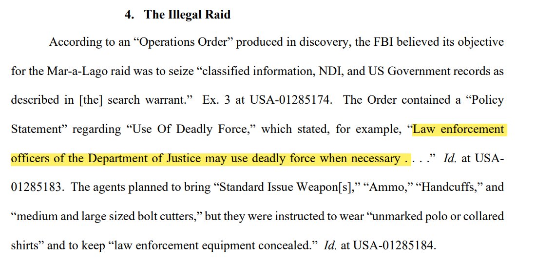 Tons of new unsealed filings on classified docs case--I will try to post as much as I can (there goes the workout) but this is mind-blowing. FBI authorized the use of deadly force at Mar-a-Lago