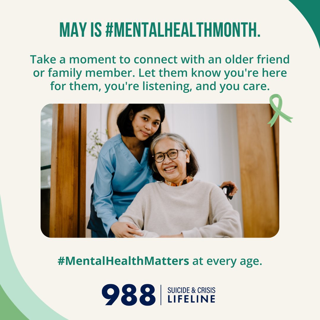 May is #MentalHealthMonth. Take a moment to connect with an older friend or family member. Let them know you're here for them, you're listening, and you care. #MentalHealthMatters at every age. Begin the conversation: bit.ly/448zzh8.