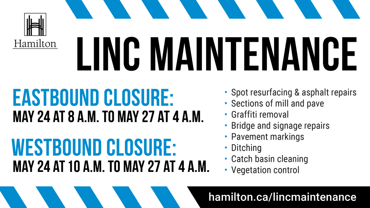 The eastbound and westbound LINC will be closed starting Friday, May 24 until Monday, May 27 (weather permitting) for annual road maintenance and repairs. More details: hamilton.ca/lincmaintenance #HamOnt