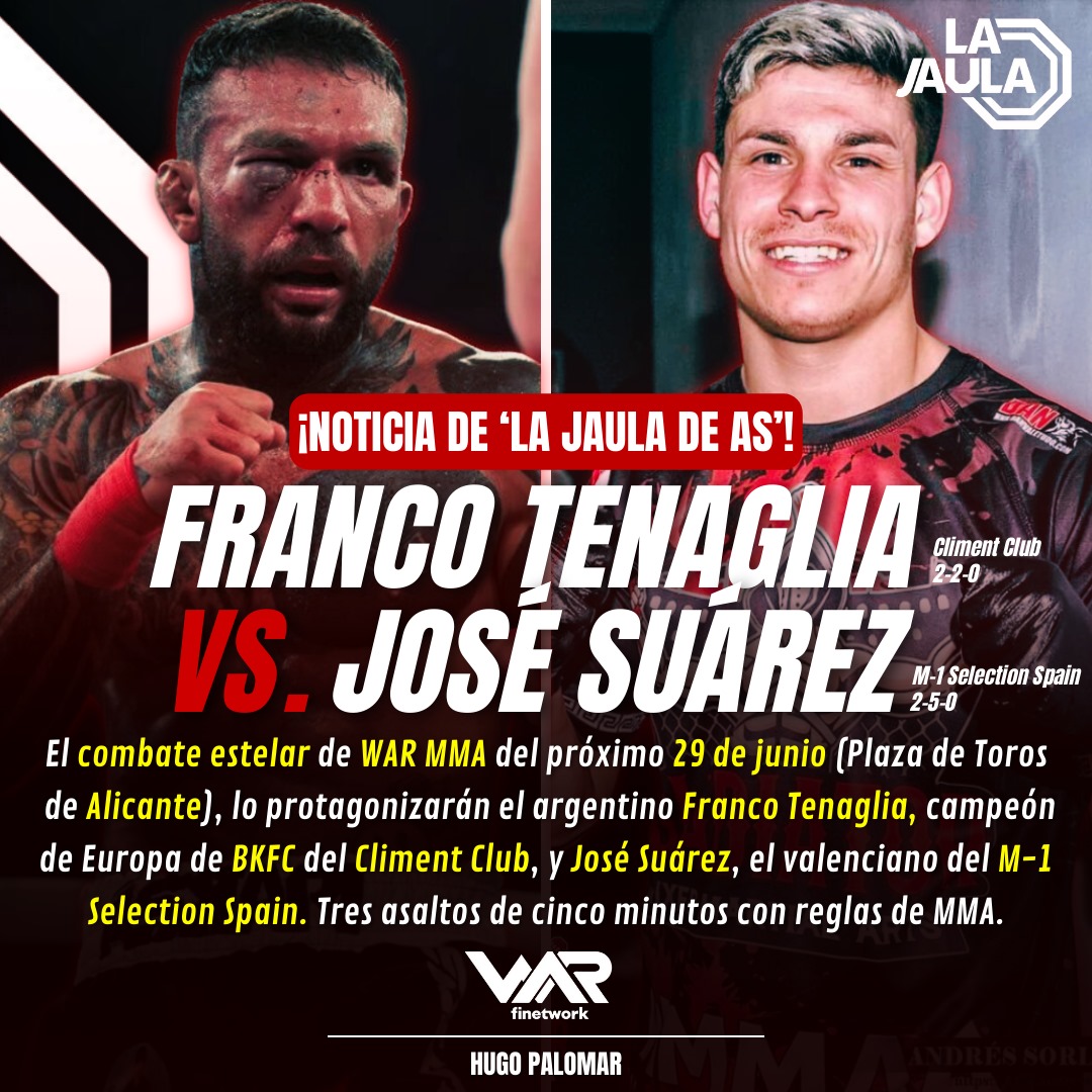 diarioas's tweet photo. #NoticiaAS | Informa @AS_HugoPalomar 

🆕 Según ha podido saber AS, El combate estelar de WAR MMA del próximo 29 de junio (Plaza de Toros de Alicante), lo protagonizarán el argentino Franco Tenaglia, campeón de Europa de BKFC del Climent Club, y José Suárez, el valenciano del M-1 Selection Spain

🥊 Tres asaltos de cinco minutos con reglas de MMA

Te lo contamos 👉 https://t.co/yA25MEjjNg