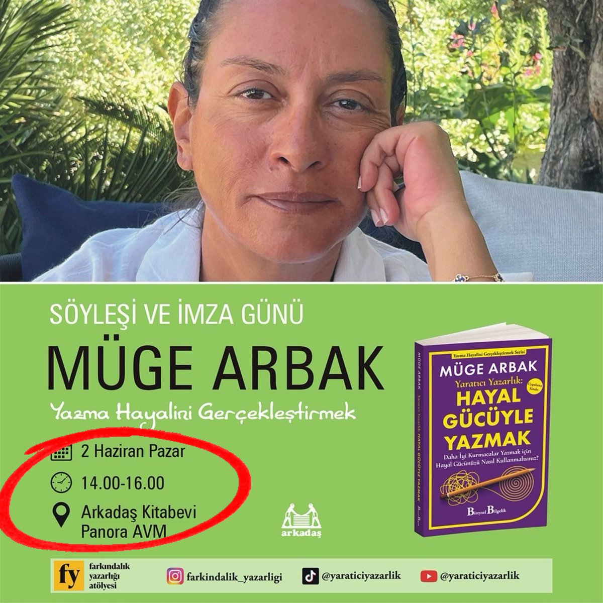 Kurucumuz Müge Arbak, 02 Haziran 2024 pazar günü, saat 14.00-16.00 arasında söyleşi ve imza günü  için Panora Avm Arkadaş Kitabevinde olacaktır. Görüşmek dileğiyle...