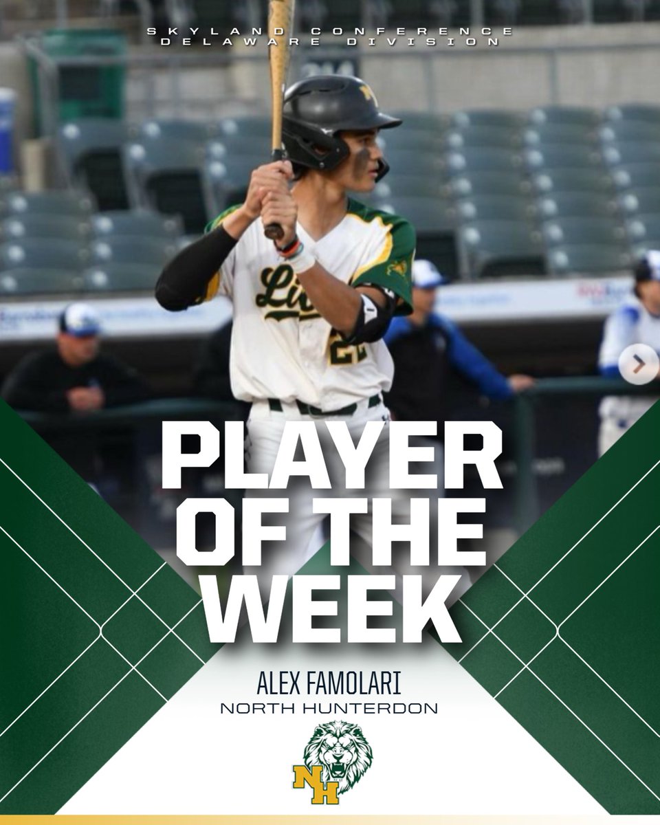 Congratulations to Alex Famolari of North Hunterdon, the Delaware Division - Week 7 - Player of the Week! Alex was 7-for-9 last week. Five of those hits came in the H/W/S County Final!