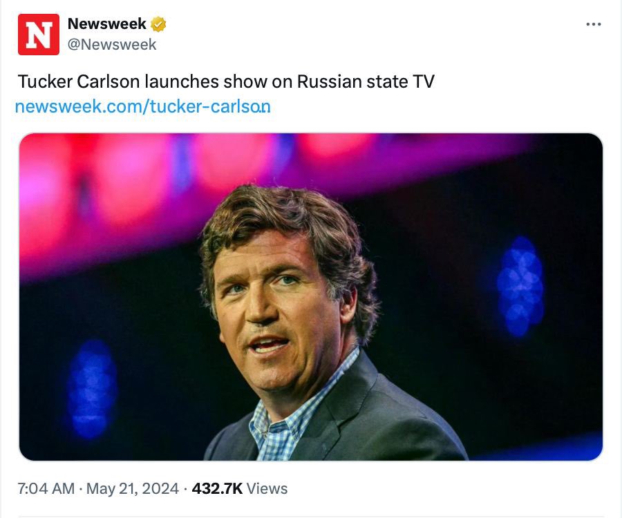 No, Tucker Carlson has not started a show on Russian TV. 

This report is blatantly misleading. 

Russian media is simply taking his content from 𝕏 and dubbing it, which is a clear case of content piracy. 

#Newsweek should promptly correct this and issue an apology.