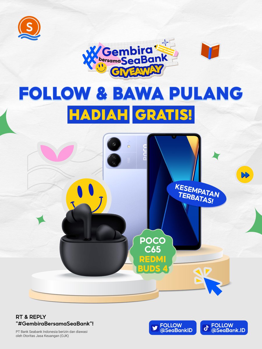 SeaBankID's tweet image. 🎉HADIAH BARU: POCO C65 + REDMI BUDS 4 ACTIVE🎉

Yuk ikuti langkah berikut:
1. FOLLOW Twitter @SEABANKID &amp;amp; TikTok SeaBank
2. LIKE &amp;amp; RT Tweet ini
3. REPLY "#GembiraBersamaSeaBank" minimal 10x + Username TikTok kamu 
4. TAG TEMAN KAMU

Selengkapnya di slide ke-2 🥰