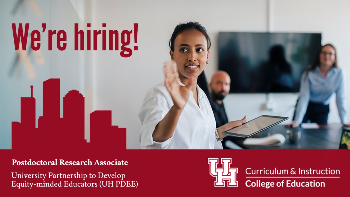 We’re hiring! Postdoctoral Research Associate *Full-time, four-year position *Support an innovative teacher residency program *Provide research support *Engage in curriculum and teaching *Learn about grant management Apply: tinyurl.com/jobpdee UH is an EO/AA institution.