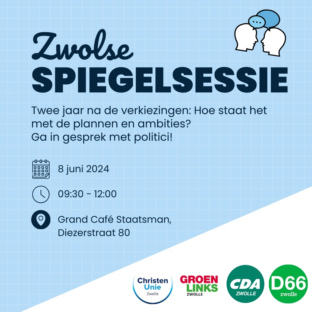 Ga in gesprek met de politici van Zwolle! Wat hadden de coalitiepartijen voor ogen en wat hebben ze gedaan? En voor welke opgaven staan de partijen nog? Graag gaan zij met jou als inwoner van Zwolle op 8 juni in gesprek.

#d66 #zwolle #gemeenteraad #activiteit