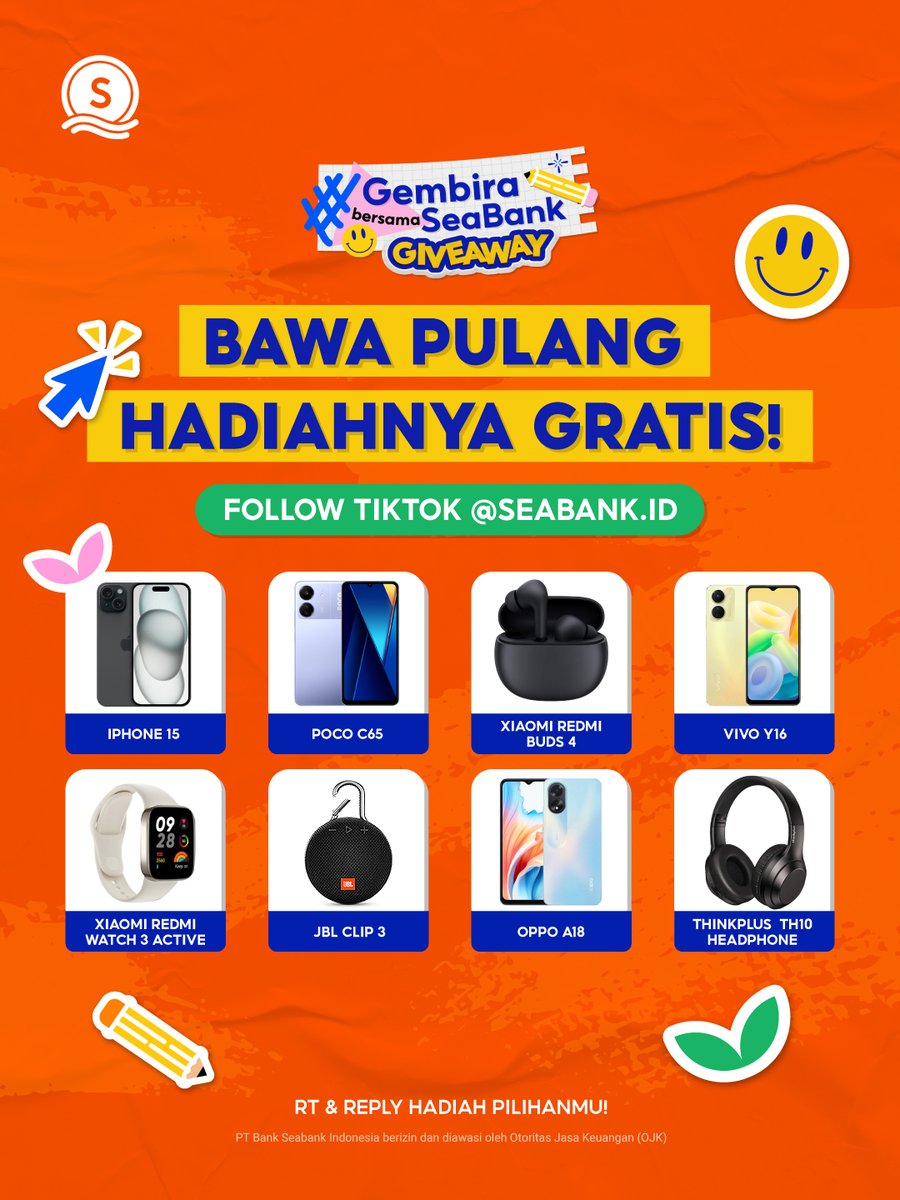 SeaBankID's tweet image. 🎁BAWA PULANG HADIAH GRATIS!🎁

Buruan FOLLOW TikTok SeaBank untuk menangin kesempatan bawa pulang IPHONE 15 sampai OPPO A18! 😱 Tunggu apa lagi?

RT &amp;amp; REPLY HADIAH PILIHANMU! 😗

MENANGKAN di sini 👉 tiktok.com/@seabank.id