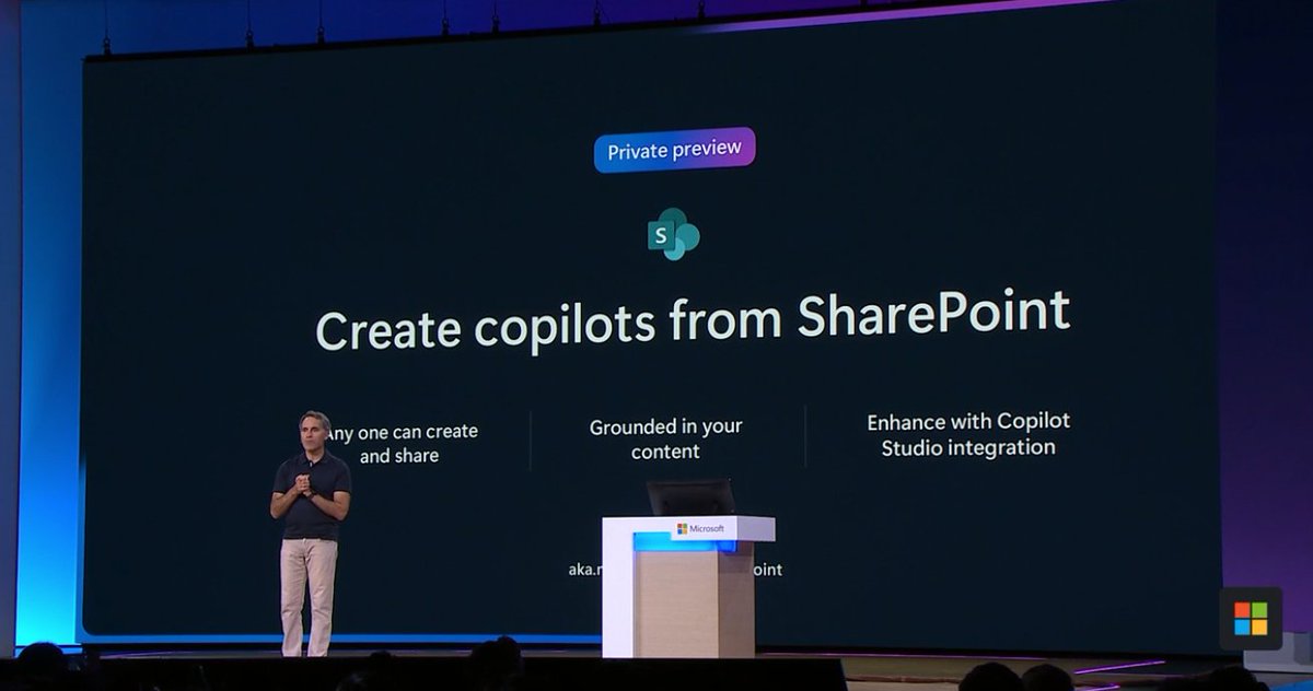 ANNOUNCEMENT | Create a secure, custom, grounded copilot with a few clicks in <a href="/SharePoint/">Microsoft SharePoint</a> 🖱️🤖 #MSBuild <a href="/Microsoft365Dev/">Microsoft 365 Developer</a> @MSDev 

Learn more techcommunity.microsoft.com/t5/microsoft-s… by @JeffTeper 

Join Private Preview aka.ms/TryCopilotsSha…

+ full Build "Book of News" news.microsoft.com/build-2024-boo…