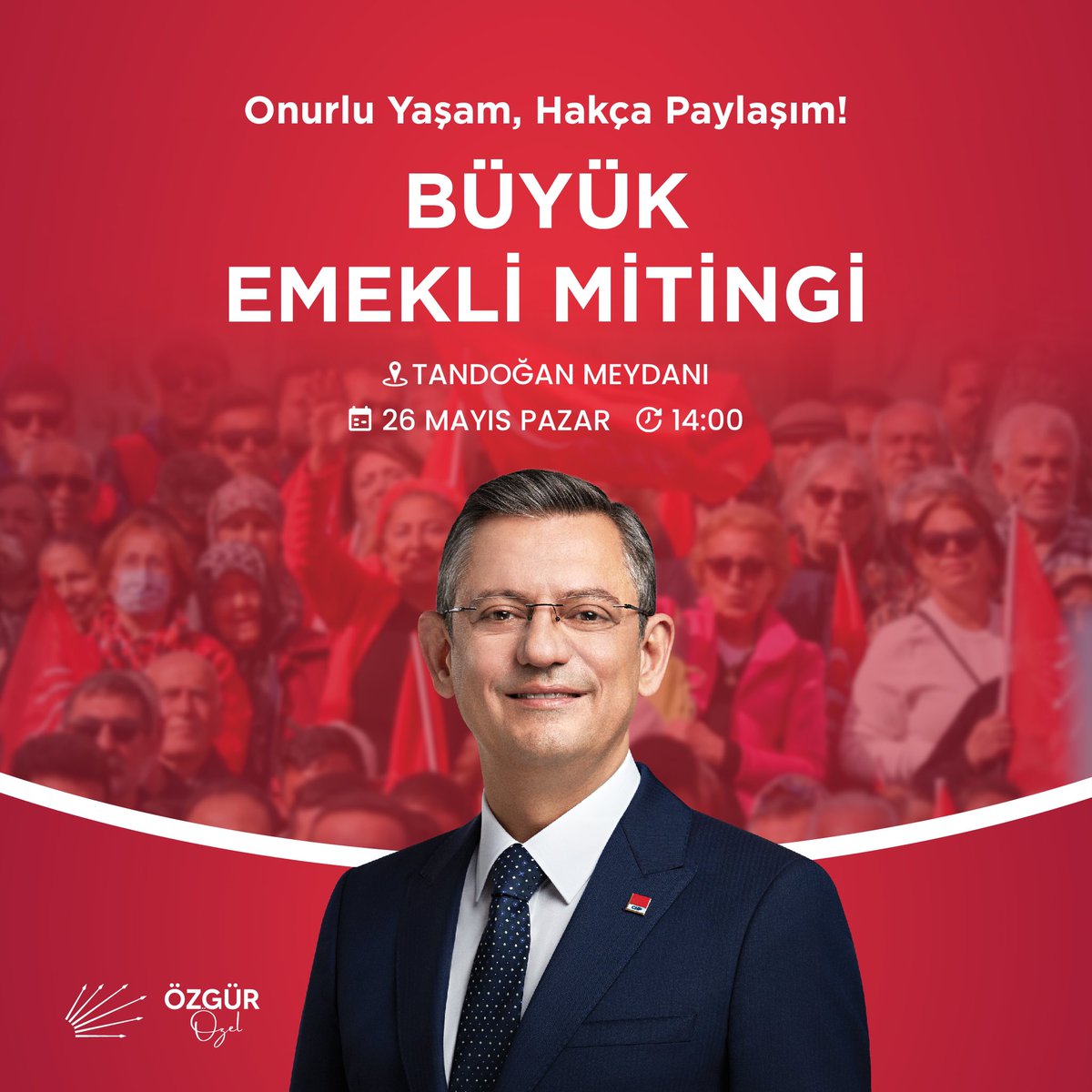 Emeklinin ve emeğin sesi olmak için, onurlu bir yaşam ve hakça paylaşım için Tandoğan Meydanı'nda buluşuyoruz! #BüyükEmekliMitingi'ne ulaşım desteği için İlçe Başkanlıklarımıza 23 Mayıs Perşembe gününe dek kaydınızı bırakabilirsiniz. Tüm halkımız davetlidir. 🗓️ 26 Mayıs Pazar