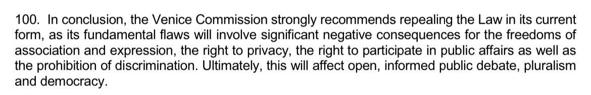 The Venice Commission says to the Georgian authorities: “no convincing explanation has been given on why the existing obligations would be insufficient for the purpose of ensuring transparency” and strongly recommends to repeal the law 👇