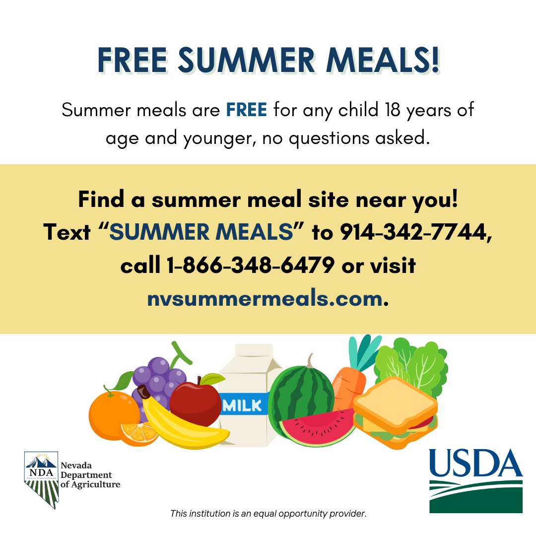 School is out and free summer meals are in! From now–August 9, 2024, kids 18 years and younger can receive nutritious meals at participating locations. Find your nearest meal site at nvsummermeals.com. #meetupandeatup