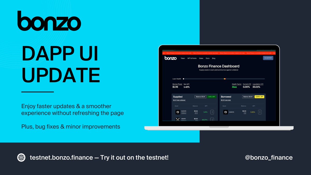 📣 Exciting update! We've improved the Bonzo DAPP UI for faster performance and seamless updates. No more page refreshing needed! Try it out on the testnet now! testnet.bonzo.finance