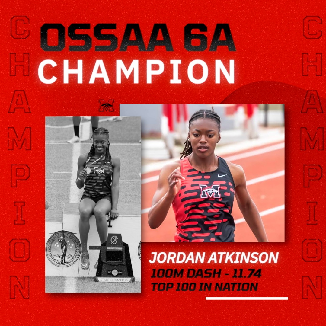 With a time of 11.74, Jordan Atkinson is your OSSAA 6A 100M CHAMPION! She holds the school record and is ranked TOP 100 IN THE NATION with an 11.64. The previous record was held by Lauren Coleman this year with a 12.06 #BroncosTF
