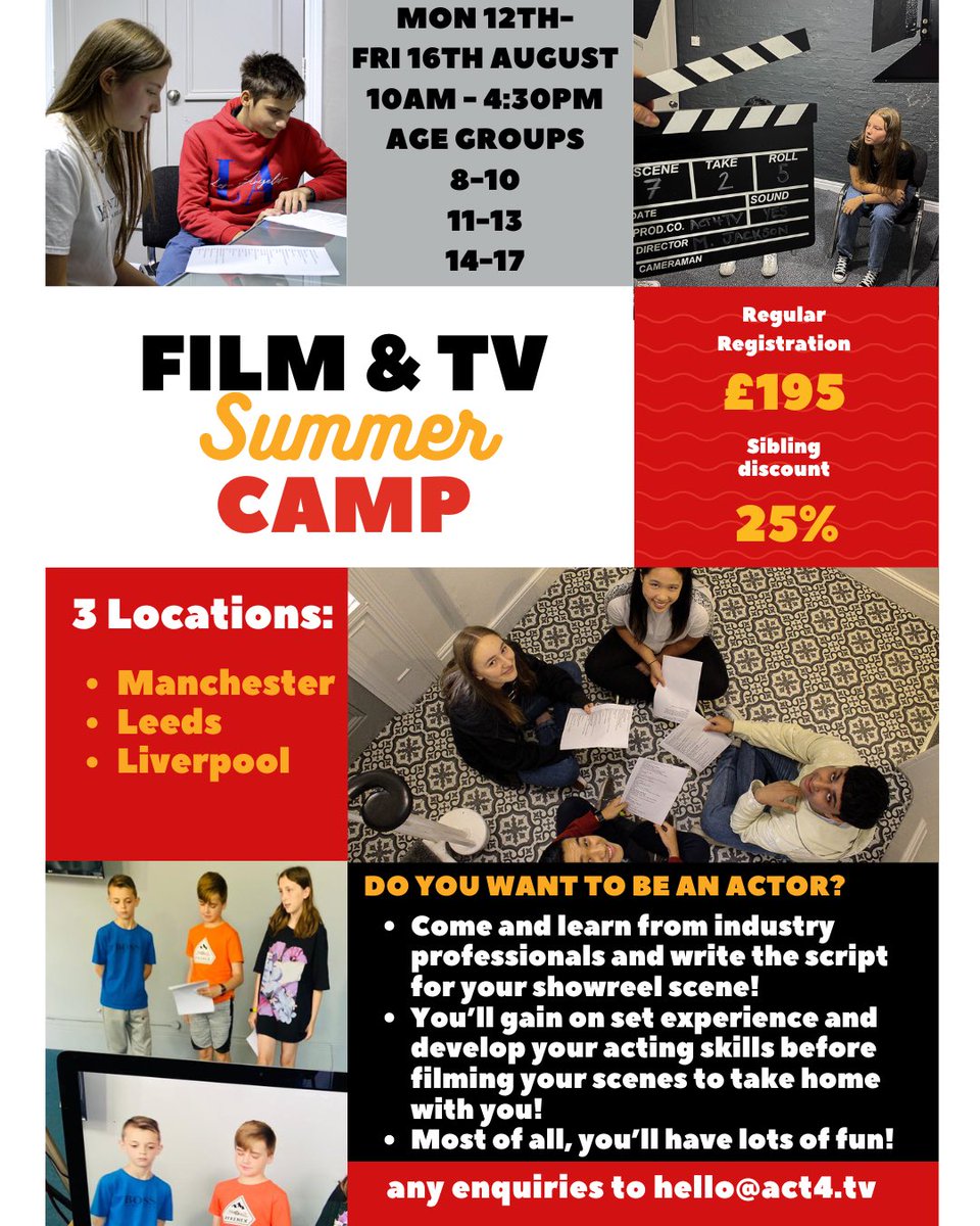 Very excited that <a href="/act4tv/">act4tv</a> is hosting our first youth summer camp this August! 

A weeks intensive rehearsals and scene development and culminating in a fully edited showreel scene 🎬 

Contact Katie at hello@act4.tv to reserve your place today!
