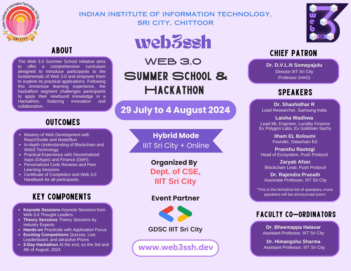 web3ssh's tweet photo. Join us for the Web 3.0 Summer School & Hackathon from 29th July to 4th August 2024!
Gain mastery in Web Development, Blockchain, and Web3 Technology. Participate in hands-on sessions, exciting competitions, and a 2-day hackathon.
#web3ssh #IIITS #Web3 #SummerSchool #Hackathon https://t.co/c8rKxmteaY