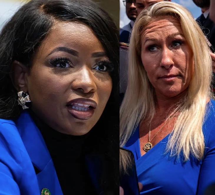 BREAKING: Democratic star Congresswoman Jasmine Crockett rubs salt in the wound after her insult of Marjorie Taylor Greene's 'bleach blonde bad built butch body' goes mega viral — by formally filing a trademark application for the phrase. This is just too good... Crockett's