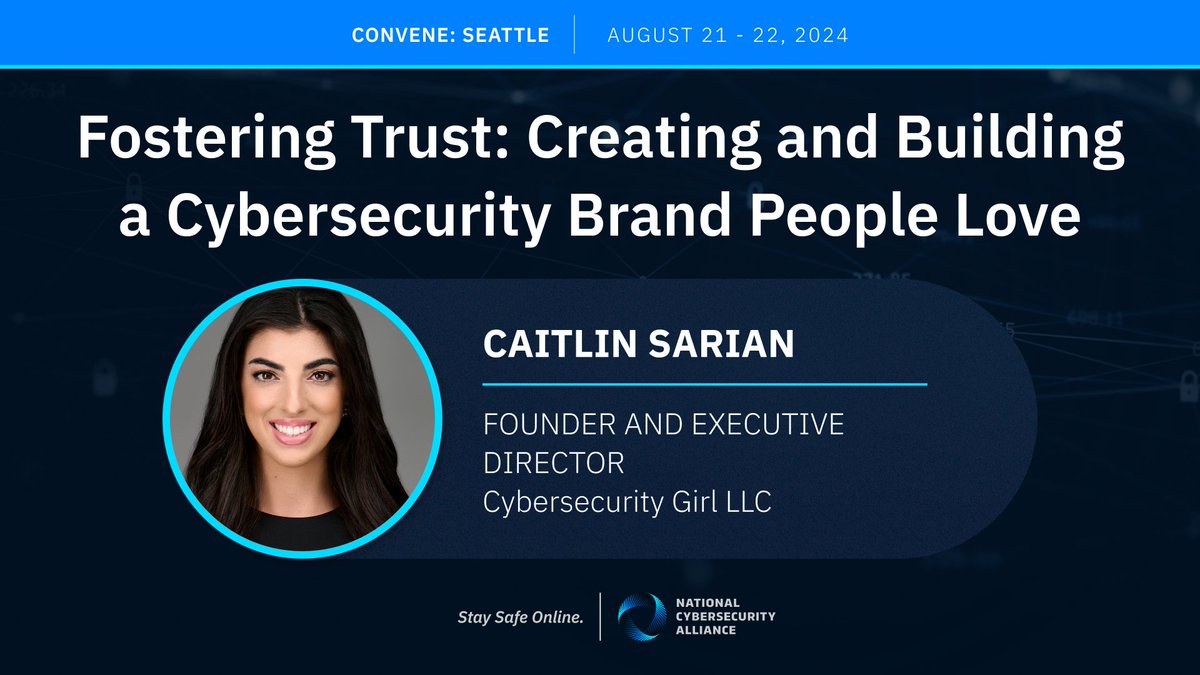 We would like to welcome to #ConveneSeattle Caitlin Sarian (@thecybersecgal), Founder of Cybersecurity Girl LLC! Join us in Seattle August 21-22 for her discussion about building and maintaining a positive cybersecurity brand for your organization. hubs.la/Q02xyhHr0