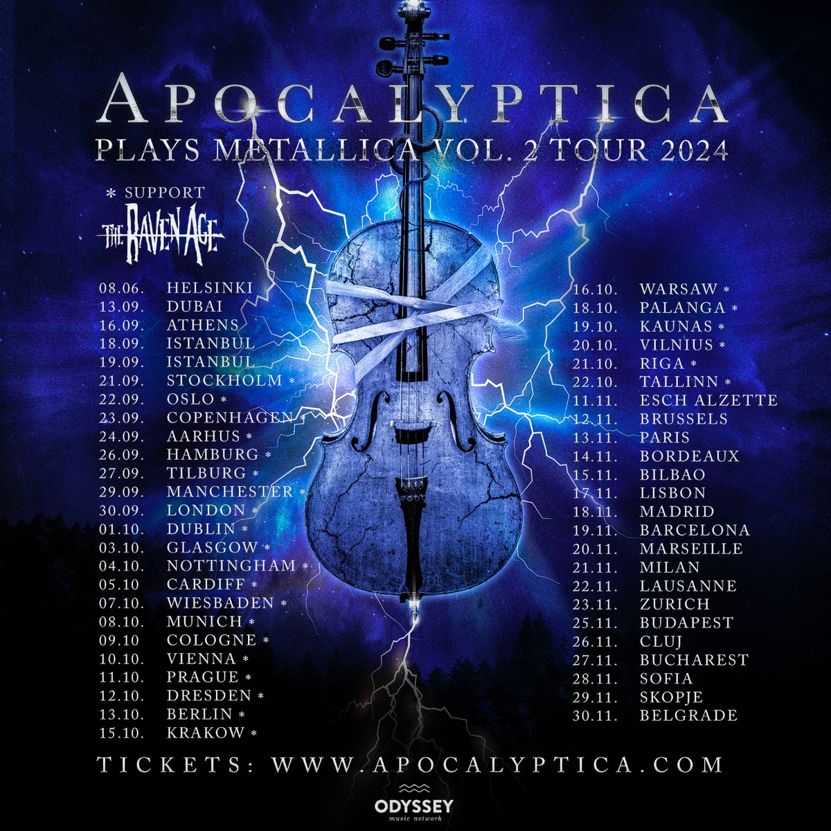 Tour Update! New concerts in ATHENS and INSTANBUL! Also happy to announce that @theravenage will be joining us at some of the tour dates as opening act. Give them a warm “🤘“ !!!

#Apocalyptica #CelloMetal #TheRavenAge #Cello #SymphonicMetal #Metal
