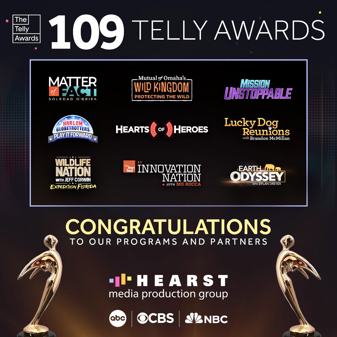 Thank you <a href="/tellyawards/">The Telly Awards</a> for honoring <a href="/HearstMPG/">Hearst Media Production Group</a> with a record 109 global awards for our weekly series. Congratulations to our programs, partners, and teams!