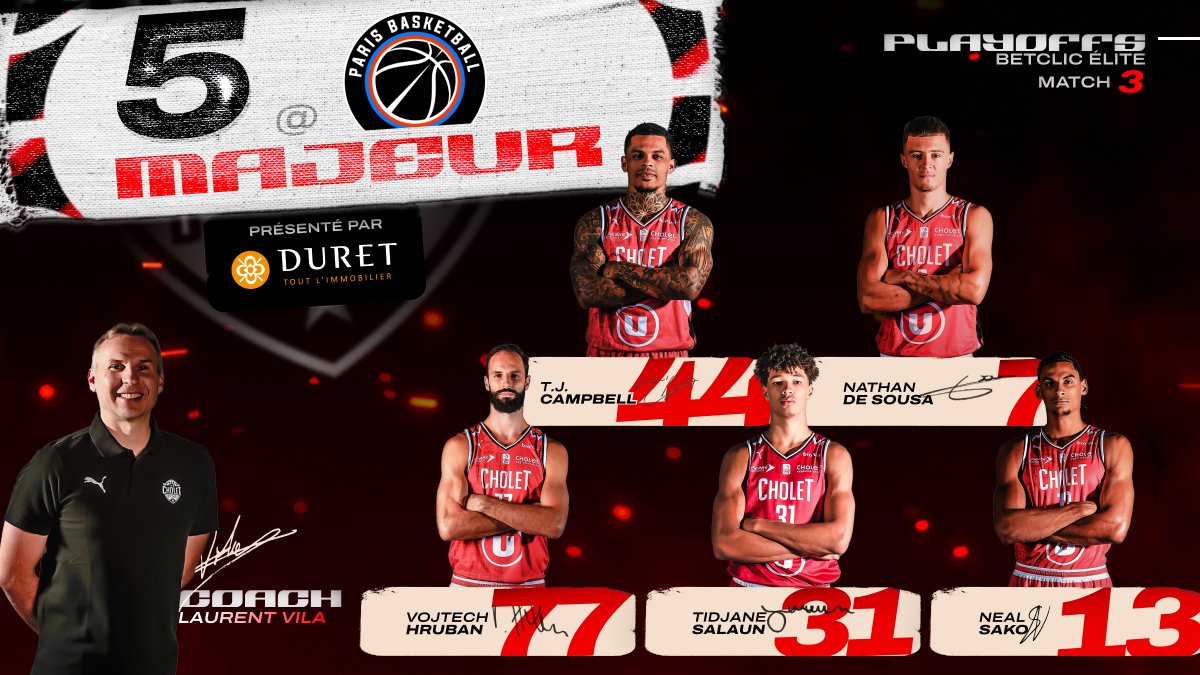 Le 5 Majeur Choletais pour ce match 3 des quarts de finale des playoffs de Betclic Élite face à Paris. #PBBCB #CBFAMILY #BetclicElite @LNBofficiel