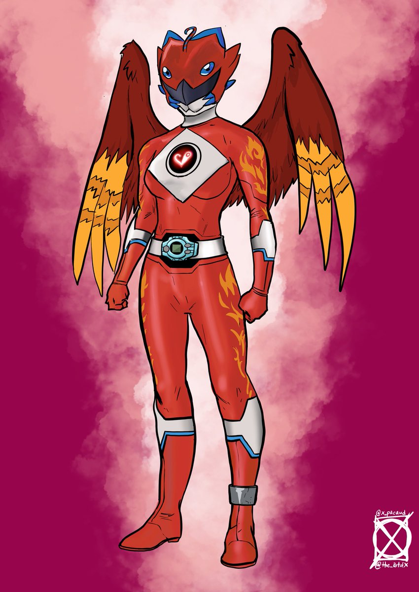 COMMISSION PROMOS OPEN (starts at $15): Designed for @dp2gp It is a #digimon inspired #PowerRanger designed after #biyomon and its evolution #garudamon as #redranger One of many #powerrangers/#supersentai inspired Rangers I drew up for them.
