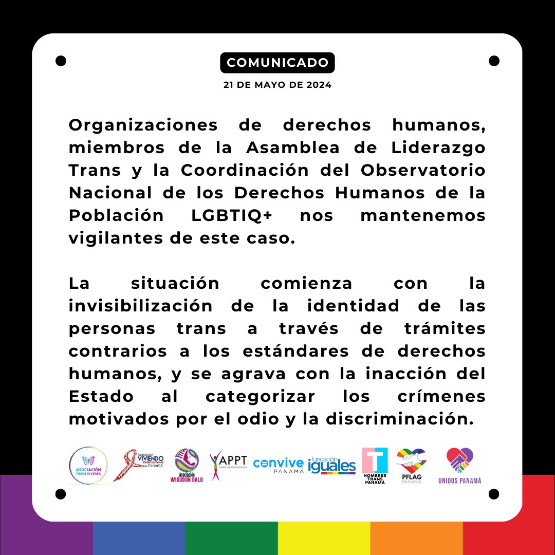 figualespanama's tweet photo. Comunicado conjunto de organizaciones miembros de la Asamblea de Liderazgo Trans y la Coordinación del Observatorio LGBTIQ+ de Panamá.

Organizaciones LGBTIQ+🏳️‍🌈 de Panamá🇵🇦 emitimos el comunicado  en imágenes para exponer en conjunto la realidad de las personas trans en #Panamá. https://t.co/z7rXCu4ncr