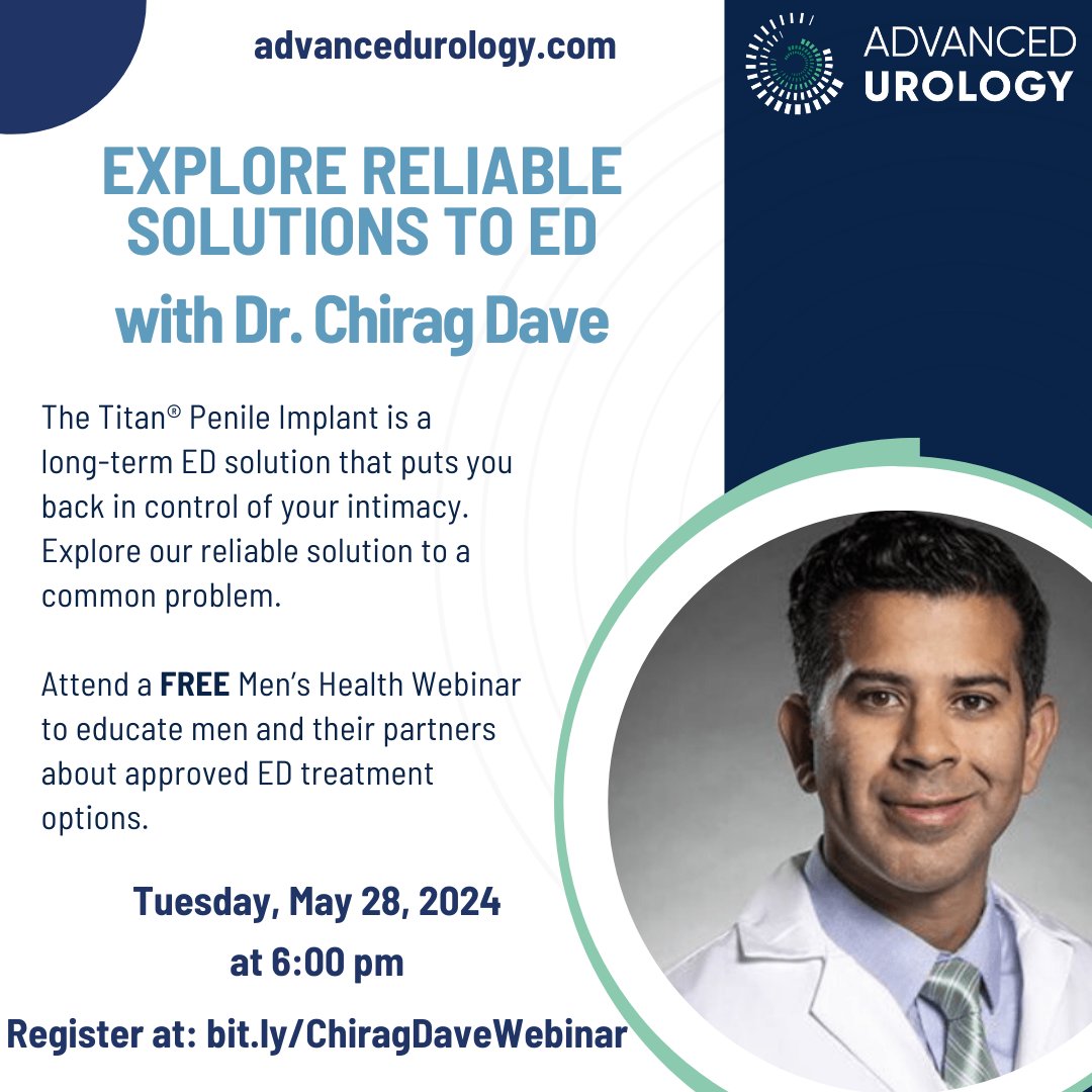 Join Dr. Chirag Dave on Tuesday May 28th to learn about treatment options for ED. Get back in control of your intimacy just in time for Fathers Day!

#healthcare #ED #fathersday #intimacy #urology #webinar