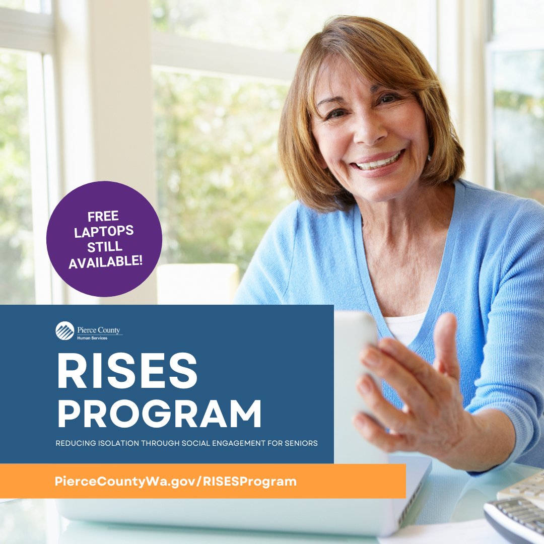 FREE laptops available for eligible seniors age 60+ in Pierce County! Apply now by going online or calling to request a paper application. 🔗 Online: PierceCountyWa.gov/RISESProgram 📞 Call: 253-798-4600