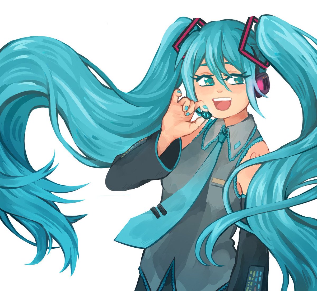 hatsune miku 1girl solo long hair looking at viewer open mouth simple background long sleeves  illustration images