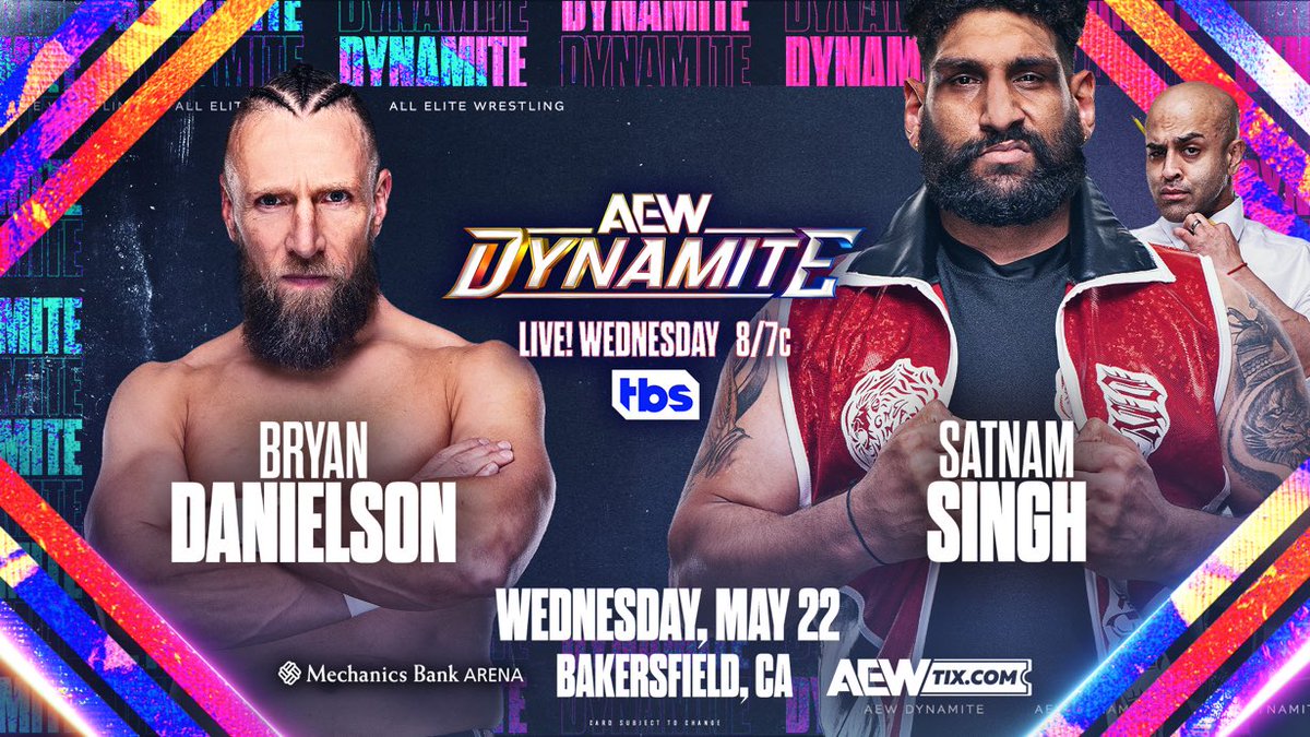 The Elite put a price on my head, and now tomorrow night I’ll go 1 on 1 with @hellosatnam on #AEWDynamite at @MechanicsBArena in Bakersfield, CA. Is Satnam the biggest man I’ve ever wrestled?!!! I LOVE these types of challenges @AEW
