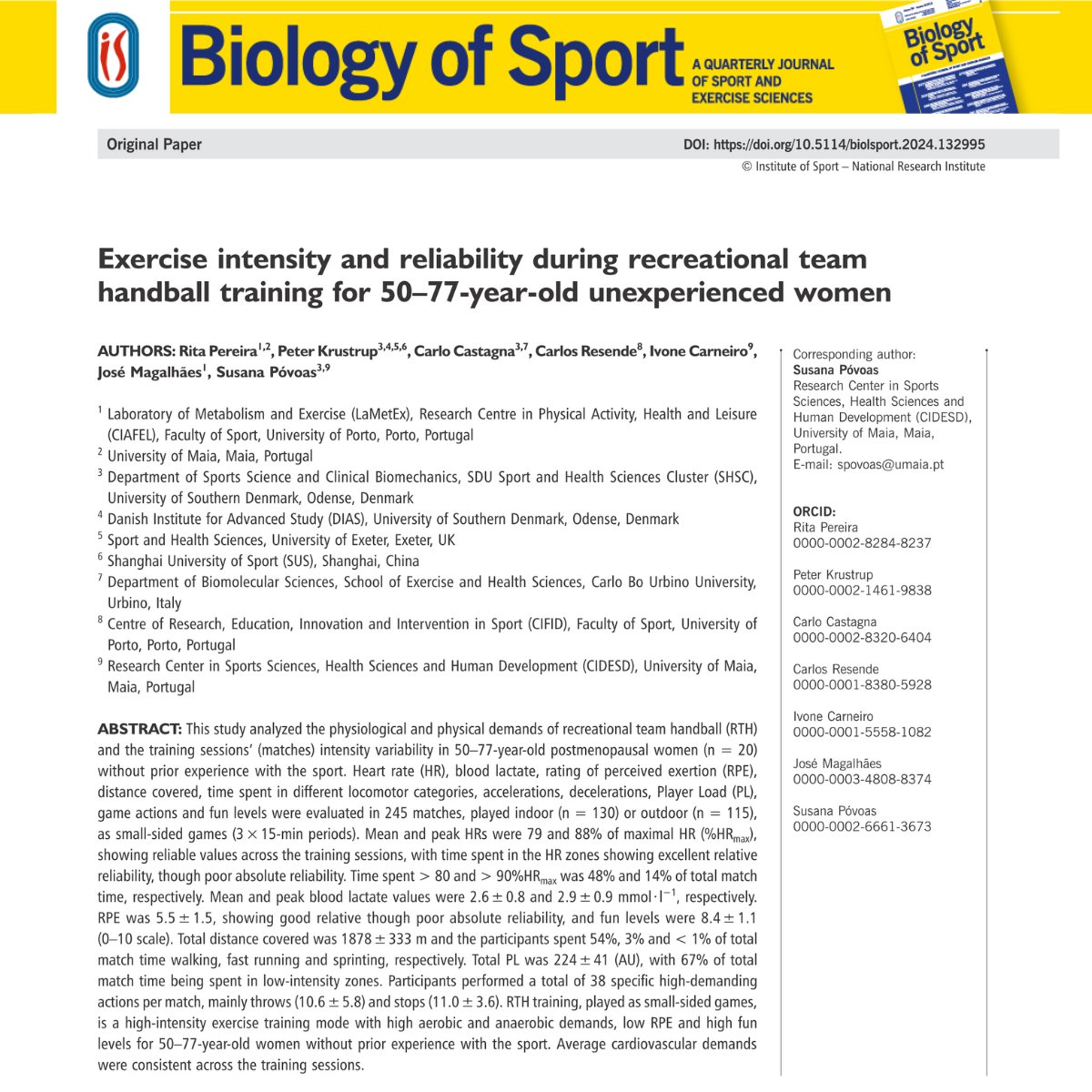 📈This study analyzed the physiological and physical demands of recreational team #handball and the training sessions’ intensity variability in 50–77-year-old postmenopausal women🤾‍♂️ 🖊️Rita Pereira, Peter Krustrup, Carlo Castagna et al. 🔓#OpenAccess🔗termedia.pl/Exercise-inten…