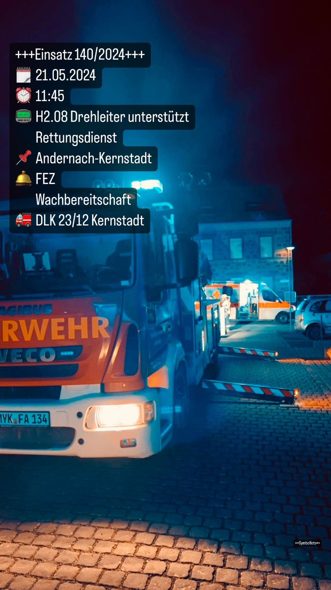 🚨 Einsatz Nr. 140/2024 für die Feuerwehr Andernach 

📆 21.05.2024 um 11:45 Uhr

🚨 H2.08 - Unterstützung RD mit DLK 

🏠 Andernach 

Foto: Symbolbild 

#feuerwehr #Andernach #Rhein #kruft #pellenz #Rettungsdienst #mayenkoblenz #landkreismayenkoblenz #rlp #rheinlandpfalz