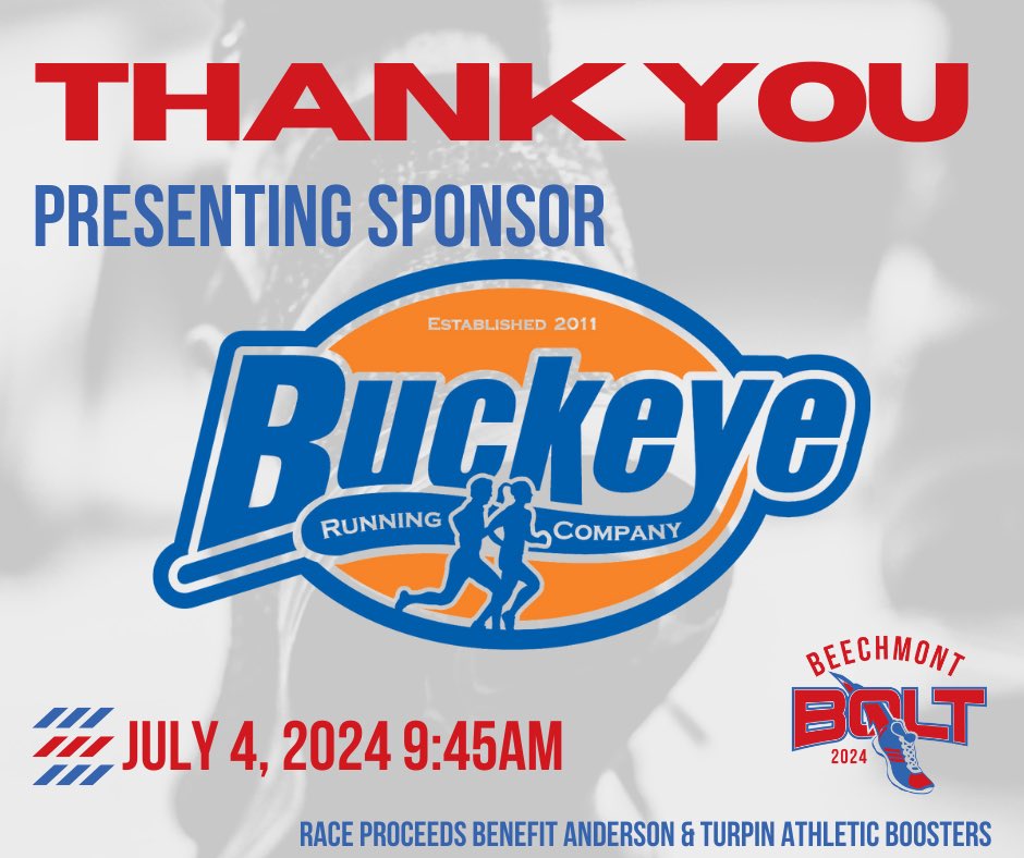 BeechmontBolt's tweet photo. Thank You to @BuckeyeRun for being the Presenting Sponsor of the Inaugural Beechmont Bolt and for their support of our high school athletic boosters groups!

Get race information at https://t.co/cQzk8MeBBh.

#BeechmontBolt https://t.co/tff3g13XKE
