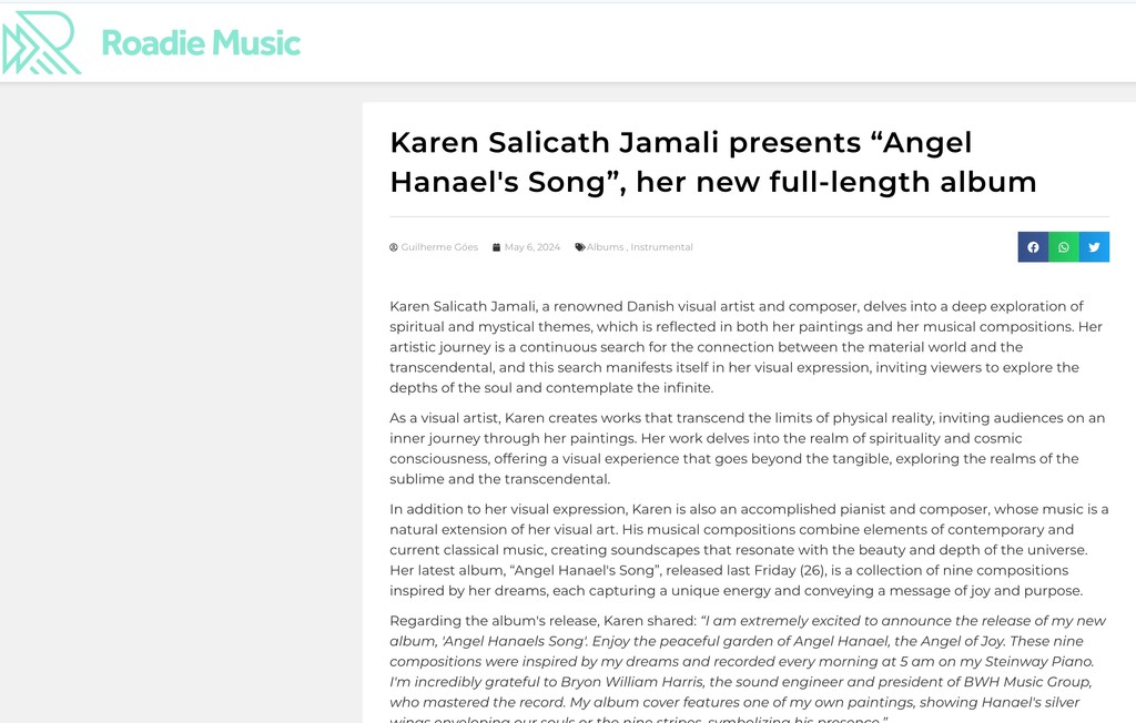 From  ROADIE MUSIC Outlet came a nice album review of my new album Angel Hanaels Song,Read it here :
roadie-music.com/karen-salicath…

Listen to Angel Hanaels Song here:open.spotify.com/album/5xLjK4jL…

#review #music #album #piano #Karensalicathjamali #classicalmusic