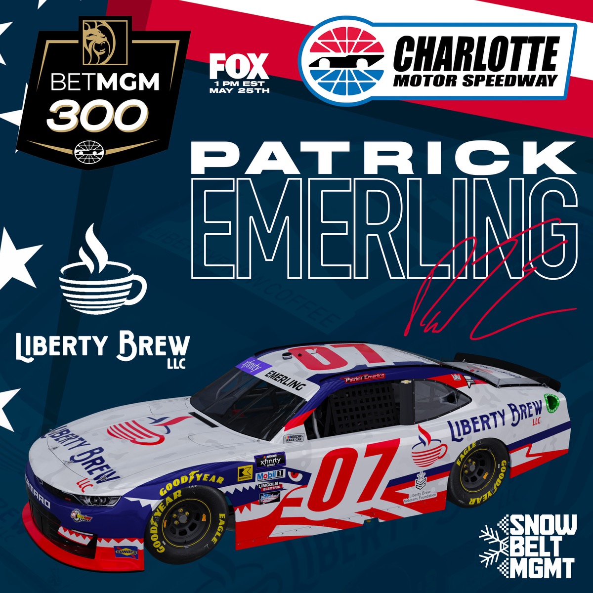 Excited to have Liberty Brew Coffee back with us this weekend for the @NASCAR_Xfinity Series event at @CLTMotorSpdwy! 🏁☕️ Looking to give them a show in the #BetMGM race this Saturday afternoon with @SSGLR0708.