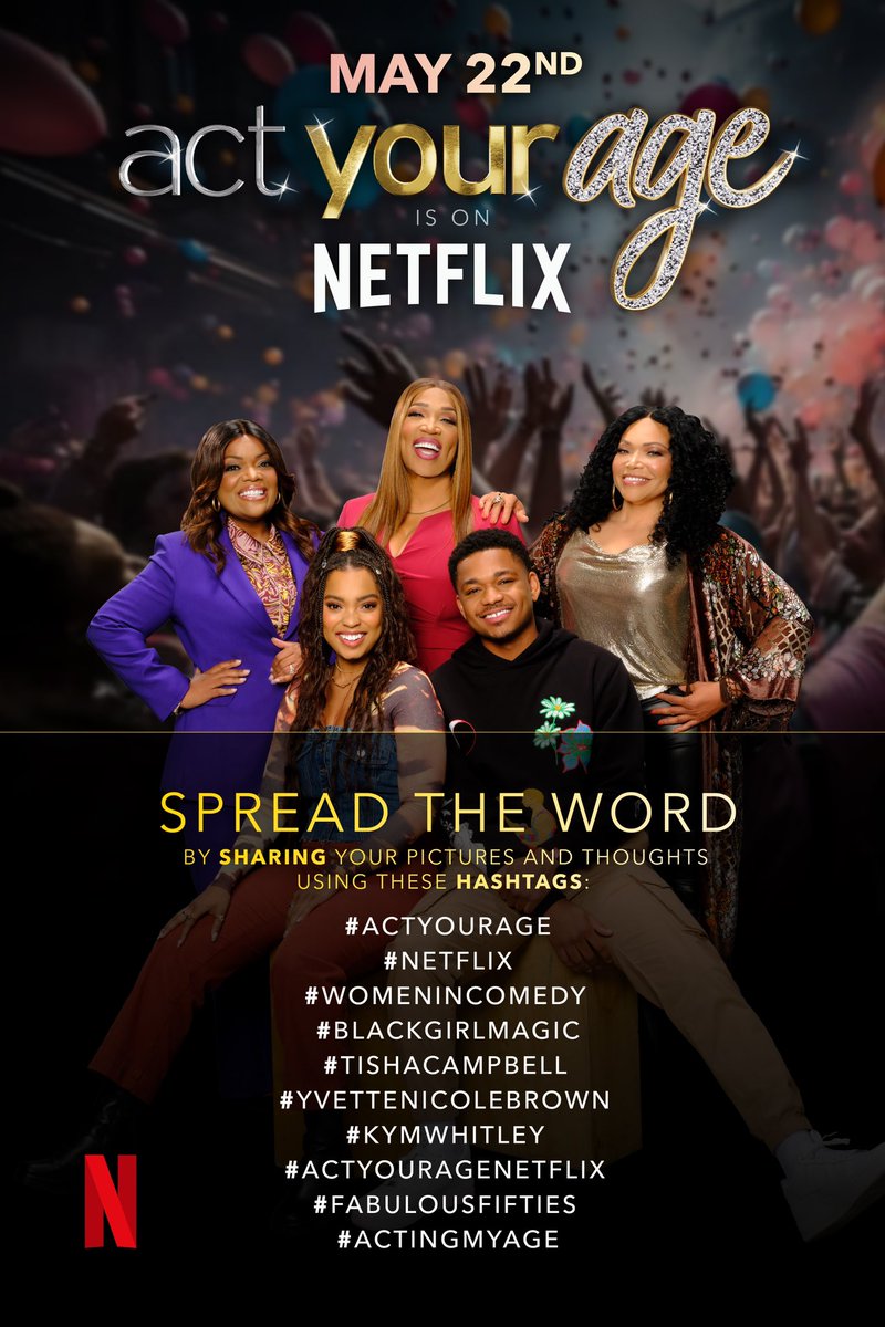 RT and share. Then watch and finish #ActYourAge premiering on <a href="/netflix/">Netflix</a> TOMORROW. It’s a great show to enjoy with your #WineWednesdays🍷
#womenincomedy
#netflix
#blackgirlmagic
#tishacampbell
#yvettenicolebrown
#kymwhitley
#actyouragenetflix
#fabulousfifties
#actingmyage