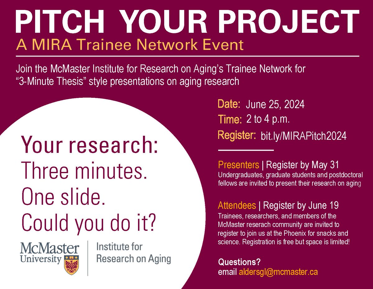 🚨DEADLINE EXTENDED TO MAY 31🚨 📞Call for presenters: inviting trainees in aging research from all levels & disciplines to register to present their planned, in-progress, or completed research at the MIRA Pitch Your Project event June 25. Register here: docs.google.com/forms/d/e/1FAI…