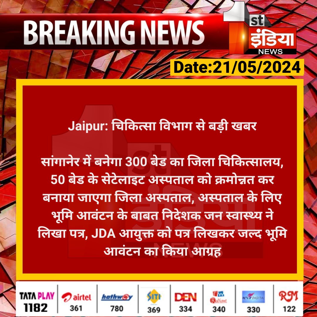 #Jaipur: चिकित्सा विभाग से बड़ी खबर सांगानेर में बनेगा 300 बेड का जिला चिकित्सालय, 50 बेड के सेटेलाइट अस्पताल को... #RajasthanWithFirstIndia @RajGovOfficial @GajendraKhimsar @ml_vikas