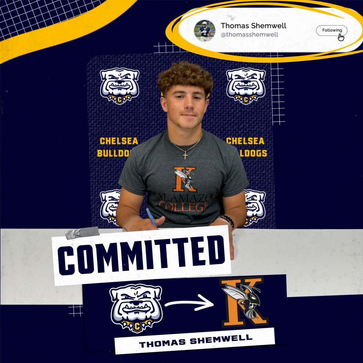 Congratulations to Thomas Shemwell who has committed to play football at Kalamazoo College! #ForTheC🐾