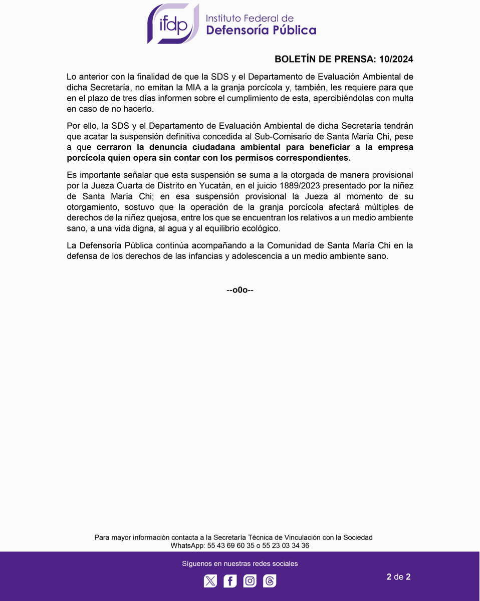 #BoletínDePrensa 10/2024 La comunidad de Santa María Chi obtiene suspensión definitiva para evitar que se emita Manifestación de Impacto Ambiental que permita la operación de la #Granja de Cerdos en #Yucatán. #DerechosDeLasInfancias #DerechoMedioAmbienteSano #MIA #SomosPJF