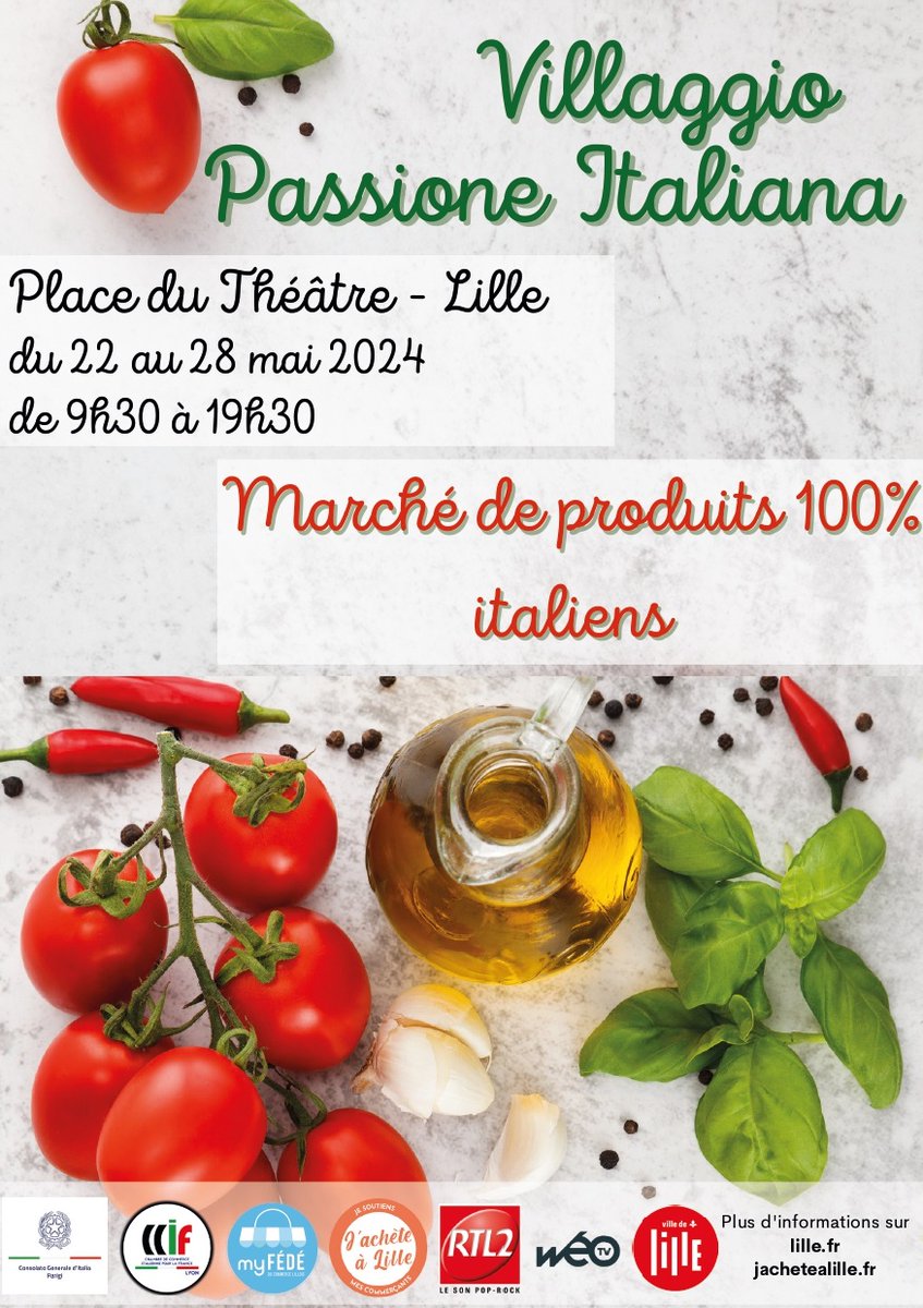 🇮🇹 Du 22 au 28 mai 2024, un village de producteurs italiens va sʼinstaller sur la Place du Théâtre de Lille. Celui-ci accueillera des producteurs venus dʼItalie pour proposer leurs spécialités salées et sucrées. 🇮🇹 👉 Plus d'infos sur @zoomsurlille >>> urlz.fr/qLoe