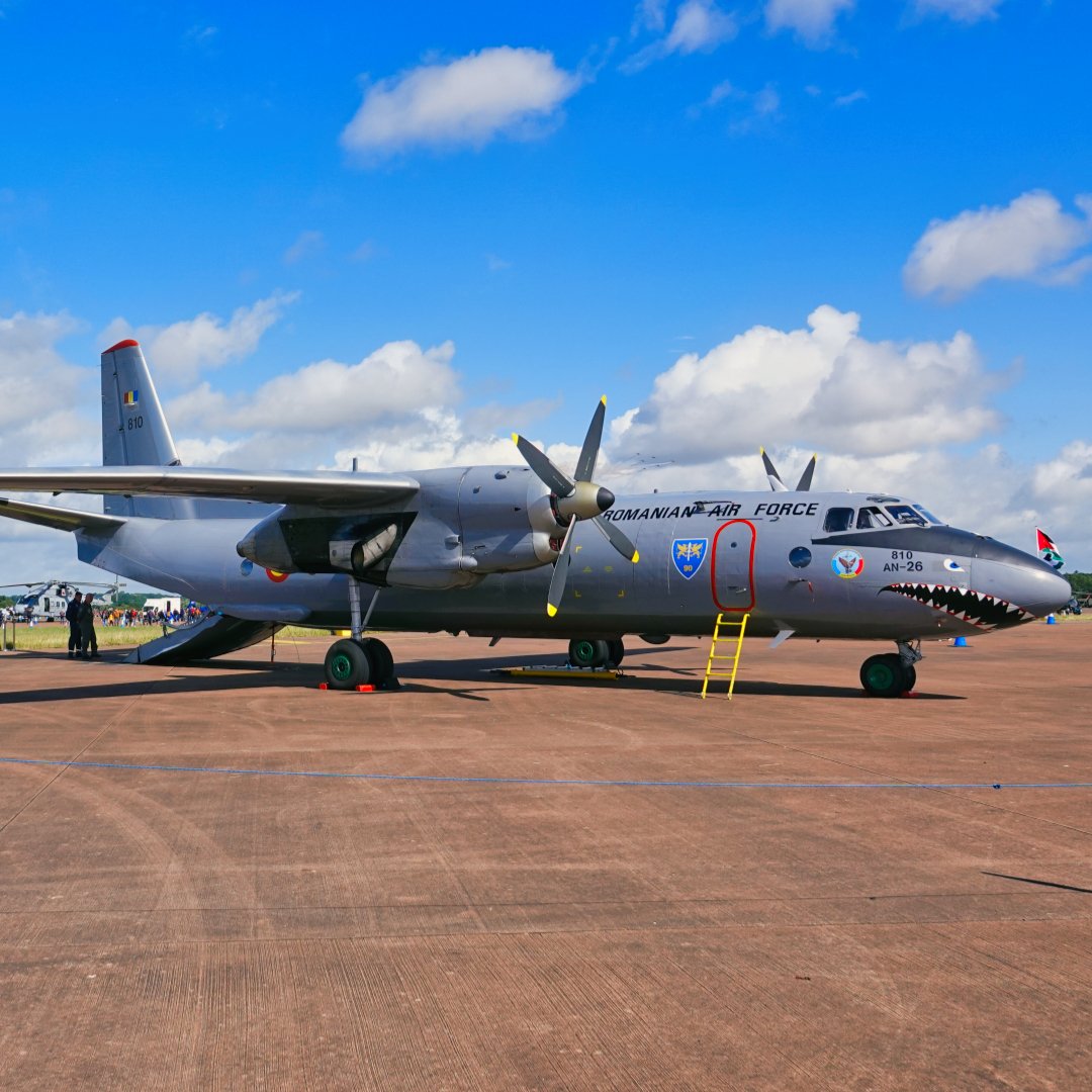 55 years ago today was the first flight of the Antonov An-26 Curl. Seen here is Romanian Air Force Antonov An-26 Curl 810 on display at RIAT 23 #romanianairforce #antonov #antonovdesignbureau #antonov26 #an26 #antonovan26 #ah26 #antonov26curl #an26curl #antonovan26curl #ah26curl