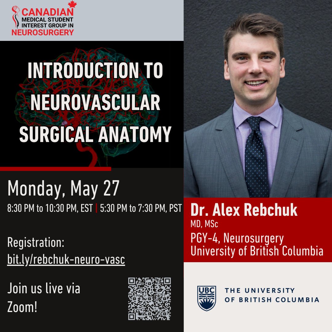 ca_msign's tweet photo. We are pleased to announce that #CaMSIGN's keynote on vascular #neurosurgery will feature Dr.@AlexRebchuk from @UBCmedicine. In this session, we will go over neurovascular anatomy and discuss surgical cases. Click on the link below to register:
https://t.co/2f13OxelWb https://t.co/o3sRQBKfdp