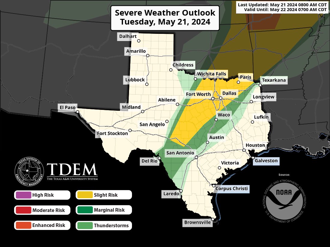 ⚠️Múltiples amenazas activas en TX⚠️ 🌩️NE y centro de TX: Granizo 💨Fuertes vientos 🌪️Posibles tornados aislados 🌊SE de TX inundaciones 🌡️Índices de calor sobre 100° en sur de TX 🔥Posibilidad de incendio forestales en oeste TX Tips de seguridad: texasready.gov