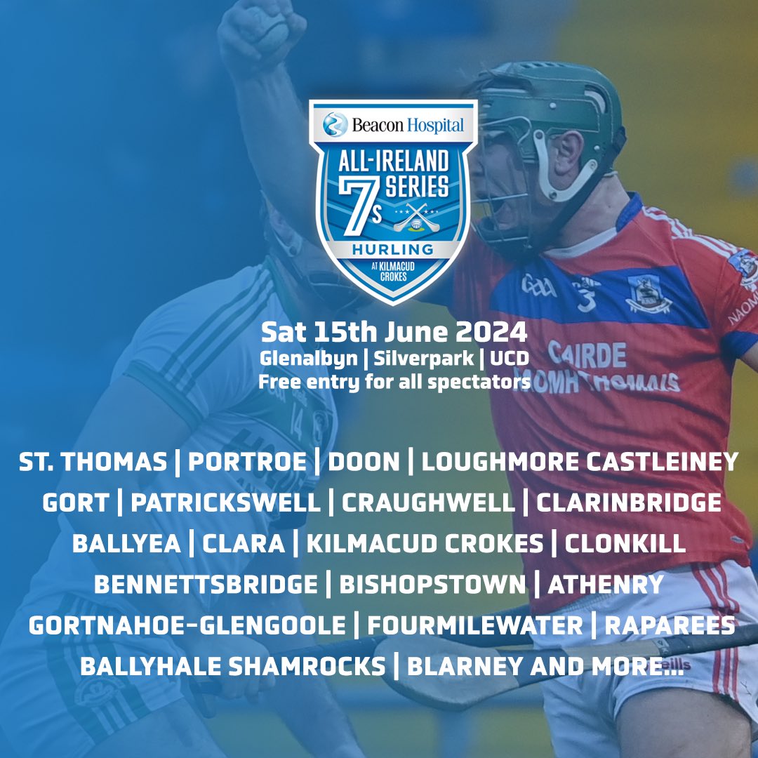 What a line up! We will have both the 23/24 and 22/23 All-Ireland Club Hurling Champions along with a host of other top class teams from across Ireland! The action takes place in just over 3 weeks time! #beaconhospital7s @DaloAnto @BrianCarroll13 @GrathNoel @tomas_mulcahy