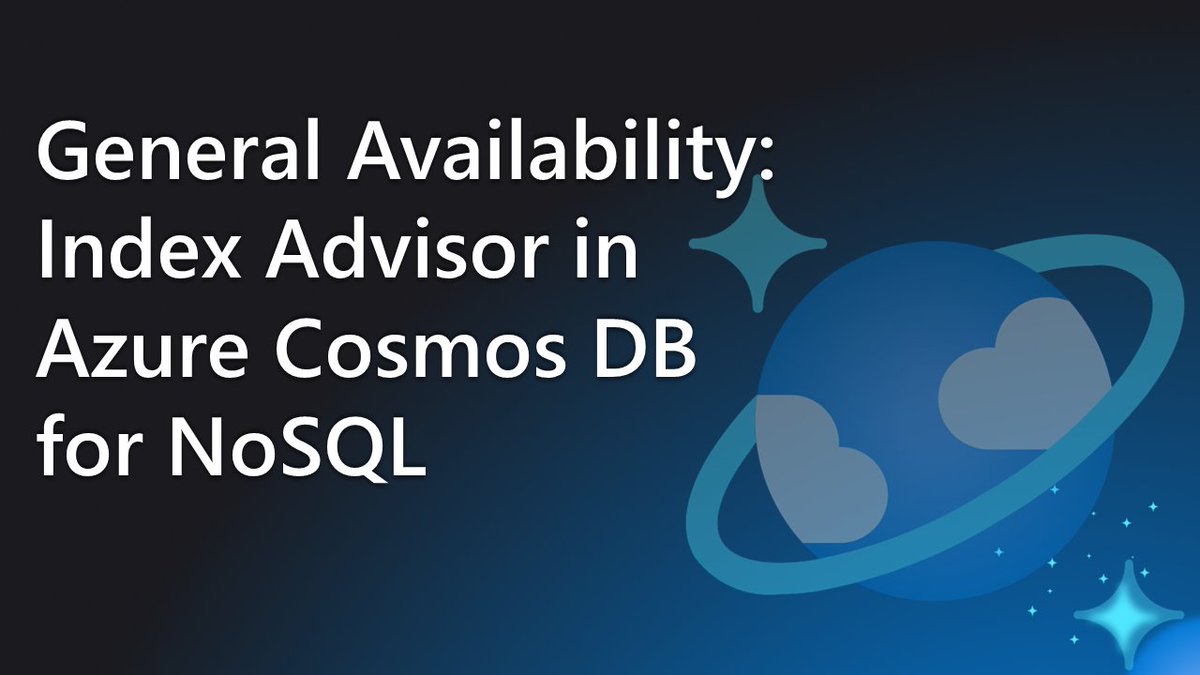 General Availability: Index Advisor in #AzureCosmosDB for #NoSQL You can now use the Azure Cosmos DB index metrics to optimize query performance with Index Advisor! Read more: devblogs.microsoft.com/cosmosdb/gener…